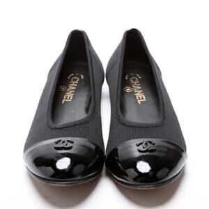Auth Chanel Black Fabric Patent Cap Toe Ballet Flats Sz 35 5